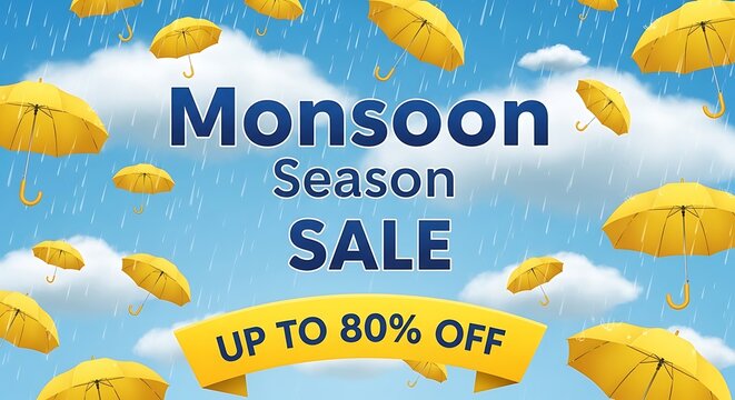Monsoon Season Sale Advertisement with Yellow Umbrellas
