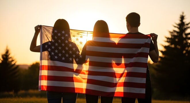 Celebrating father's day family silhouette with american flag at sunset