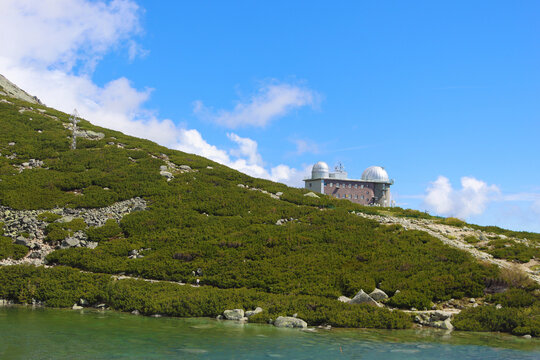 View on astronomical and meteorological observatory near Skalnate pleso or tarn or lake in the High Tatras, Lomnicky stit, Slovakia