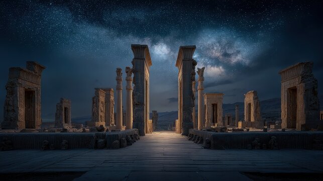 Space universe exploration, fantasy. A nighttime scene of the ancient city of Persepolis, Iran. The Milky Way galaxy is visible in the sky, with stars twinkling brightly.
