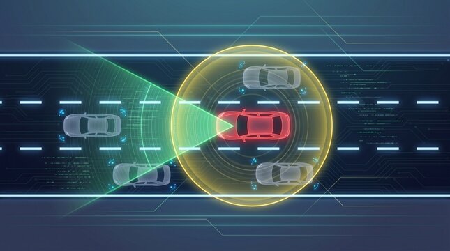 Futuristic autonomous vehicle navigation system showing red smart car scanning surroundings with green and yellow radar sensors on digital road interface for advanced safety and mobility concept.