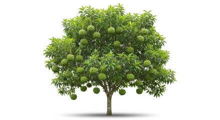 Fototapeta premium Pomelo tree with ripe green citrus fruits, tropical fruit tree isolated on white background, lush pomelo citrus plant for agricultural design