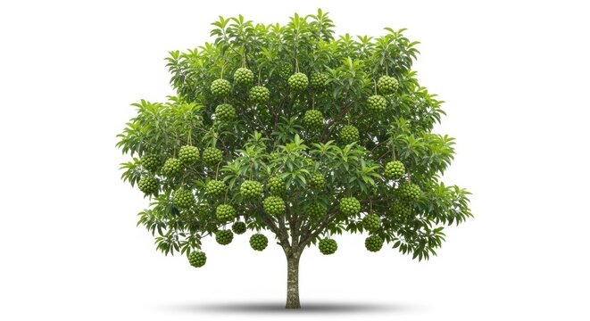Pomelo tree with ripe green citrus fruits, tropical fruit tree isolated on white background, lush pomelo citrus plant for agricultural design