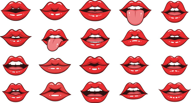 Red Lips Expression Set with Female Mouth Emotions Kiss Smile Tongue and Talking Poses Vector Collection for Beauty Makeup and Pop Art Design