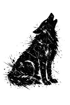 A black silhouette of a wolf sitting and howling at the moon with a grunge effect on a white background.