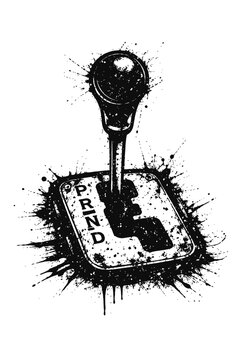 Black and white illustration of a manual gearshift with a PRND plate on a white background with ink splashes