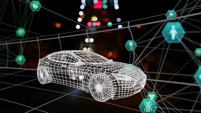 Wireframe car hovering over grid, teal hexes pulsing initiating slide over car showing auto sensors