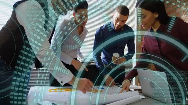 Four-person team stepping in, unrolling plans, HUD guiding marking and measuring for design