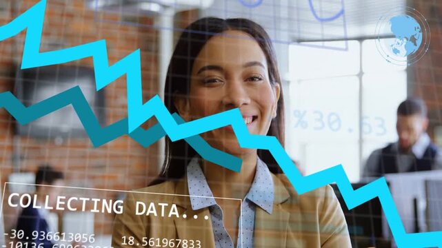 Data panel updating, business manager smiling at data as linegraph and piechart animating over face