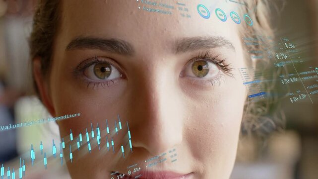 Woman opening eyes, activating AR candlestick chart and rings, analyzing finance expenditure data