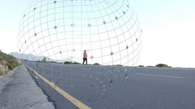 Female jogger running toward camera on rural road passing expanding wireframe showing run metrics
