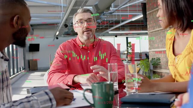 Lead speaking and gesturing, team noting, animated candles overlaying group showing finance results