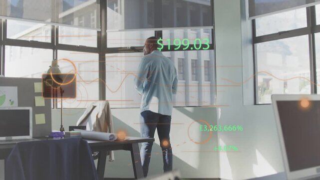 Man standing at window, raising phone and causing animated finance charts showing $199