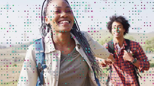 Woman extending hand, inviting man fixing pack on trail, camera zooming, dots popping, travel theme