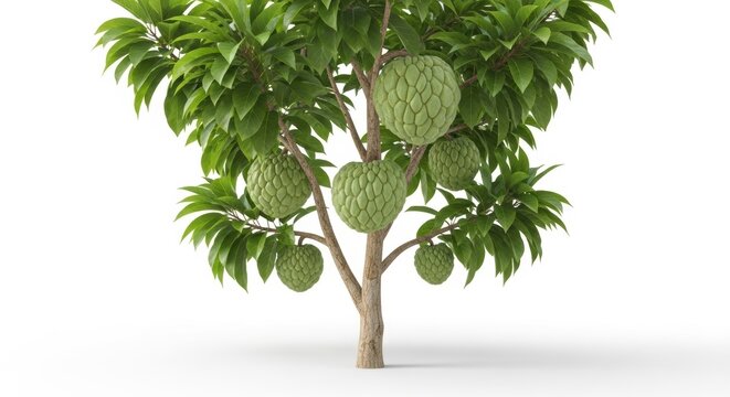 Sugar apple tree with ripe custard apple fruits, tropical cherimoya plant on white background, exotic sweetsop fruit tree for agricultural design