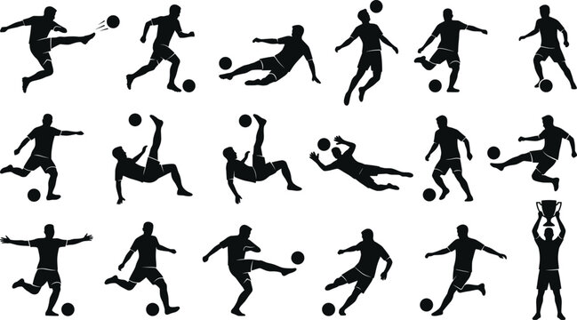 Football Player Silhouette Set with Kicking, Jumping, Sliding, Diving, and Trophy Poses for Soccer Sport and Game Design Projects