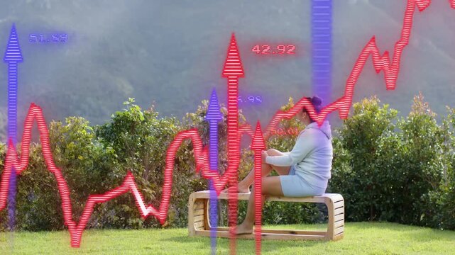 Woman sitting on bench on data refresh, finance graphs sliding arrows aligning profile for analysis