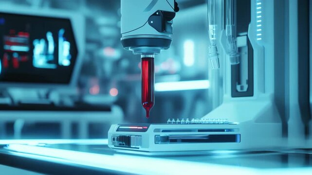 Close up of laboratory test tube with red biological liquid held advanced robotic system with futuristic background representing medical diagnostics research innovationprecision healthcare technology