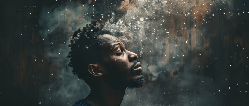 The portrait of a man with his eyes closed, set against a backdrop of glowing particles, provides a mystical setting for reflections on spirituality and the inner world.