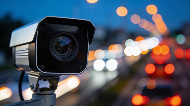 Modern security surveillance camera monitors traffic at night with blurred vehicle lights in the background