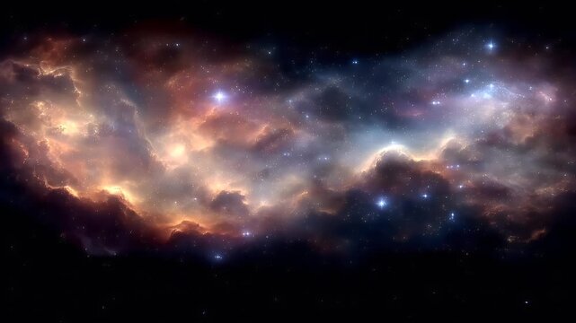 Space universe exploration, fantasy, mysterious. A vivid depiction of a nebula, captured in a highresolution digital art style. The nebula is a tapestry of colors and textures, featuring deep blues.