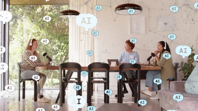 Three collaborators recording podcast at table, center tapping tablet, AI speech bubbles drifting