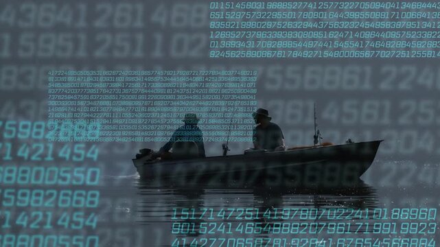 Two men leaning checking rods adjusting gear on lake cyan tech data overlay scrolling over figures