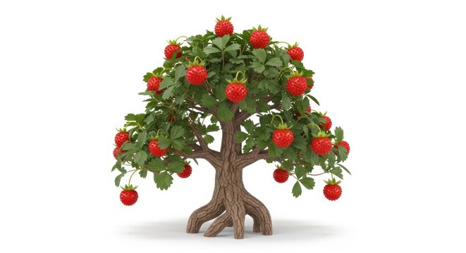 Miniature strawberry tree with ripe red berries, small fruit bonsai plant on white background, lush green leaves and brown woody trunk