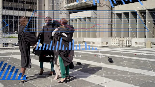 Four women school grads tossing cap, sparking hugging posing on plaza, with blue charts over group
