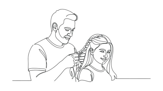 Continuous line drawing of a father braiding his daughter hair.