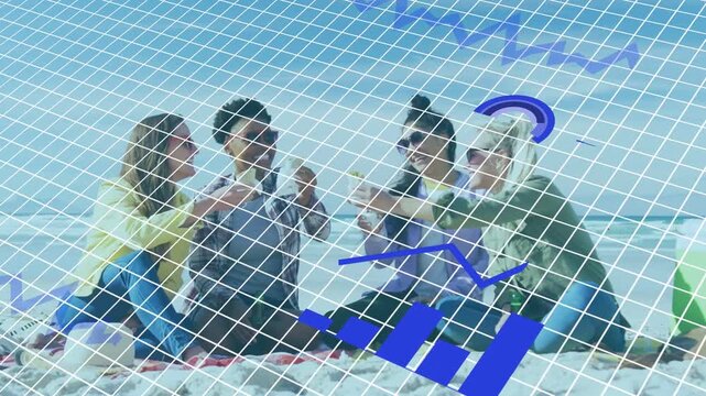 Four women holding cups on mat chatting as grid moving in, charts covering torsos, visualizing tech