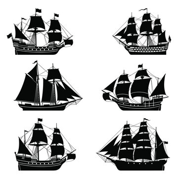 black and white vector silhouette set of old ships
