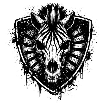 Black and white zebra skull illustration with shield and grunge effect for t-shirt design or tattoo