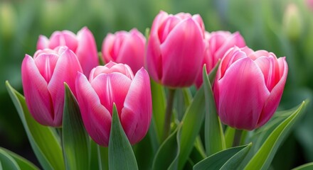 Fototapeta premium Vibrant pink tulips in lush green garden bloom flowers