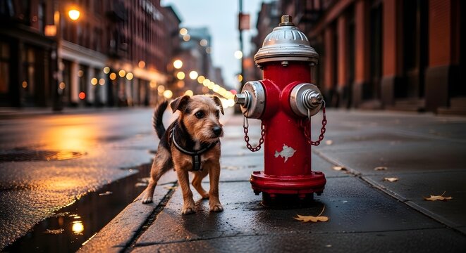Dog on city street by red fire hydrant daytime scene
