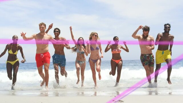 Waves breaking sending eight adults running to shore, pink streaks overlaying runners ads