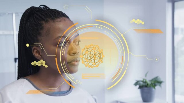 Woman facing right, tech-triggered HUD fading in over cheek, rings rotating for tech demo