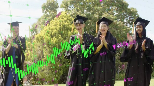 Graduates at graduation celebrating, one raising red prop sparking pulsing waveform AR across faces