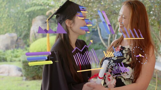 Grad getting diploma from parent, celebrating graduation while animated overlays covering subjects