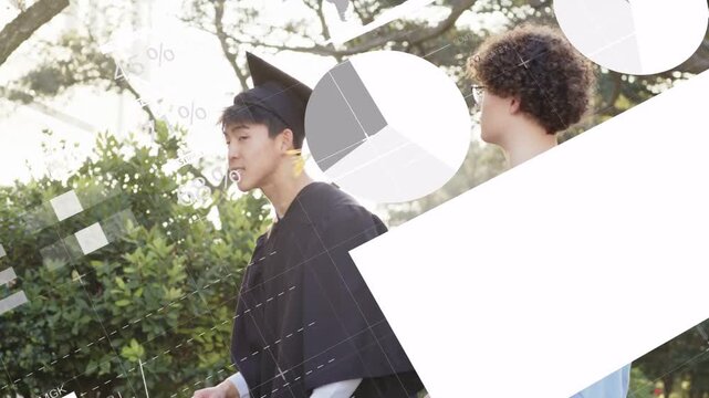 Graduate and pal standing in park shifting gaze from offframe cue, bars, pies, rings panels hiding