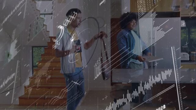 Two men entering carrying bags, preparing tech setup on island while HUD charts highlight items
