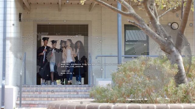Graduates raising diplomas, stepping down, celebrating graduation with world-map code overlaying