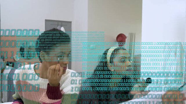 Two women reaching brushes applying makeup for beauty prep at vanity, binary overlay scanning faces