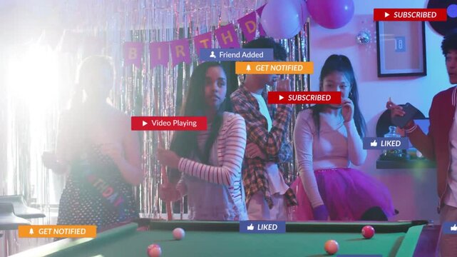 Birthday celebrant using phone gesture sparking social icons by pool as friends pose for marketing