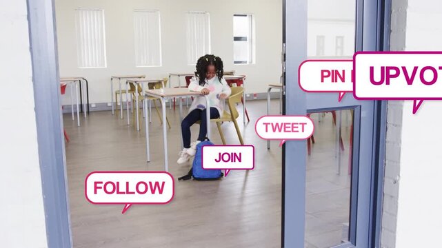 Girl student standing, bending, lifting blue backpack and walking out as classroom bubbles invading