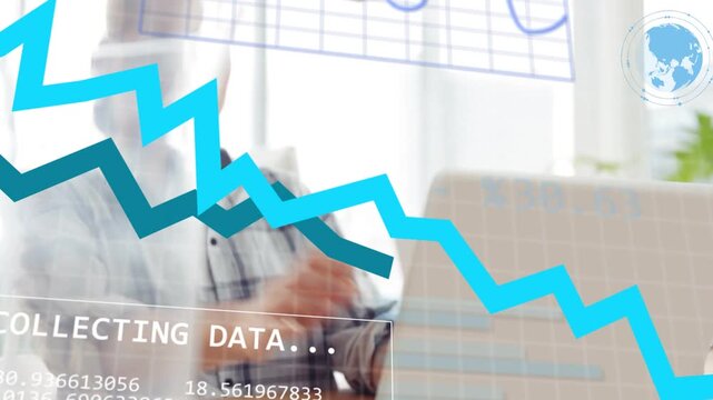 Female analyst typing at laptop causing analytics overlay with graphs donut chart for data analysis