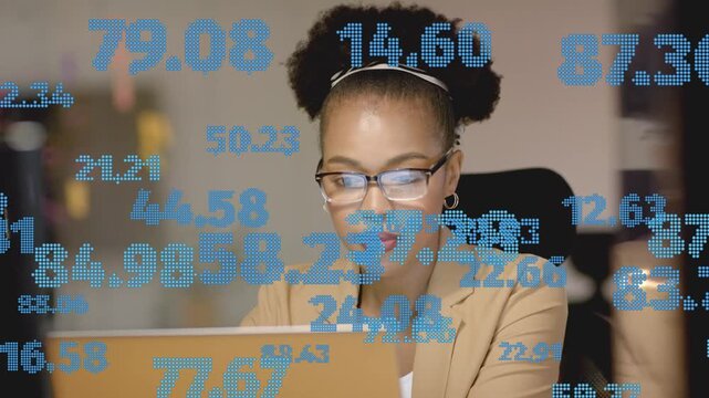 Woman data analyst adjusting glasses then reading laptop while numeric HUD shifting for analysis