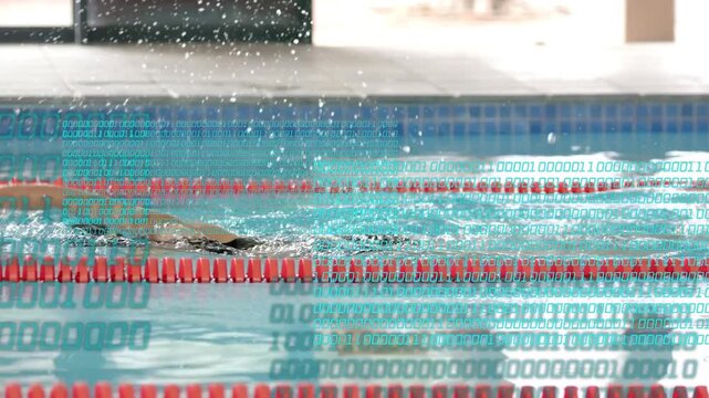 Woman starting training laps by red ropes, speeding to wall while teal binary overlaying right half
