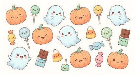 Obraz premium Cute cartoon Halloween elements with smiling pumpkins, friendly ghosts, and various sweet candies on a light background.