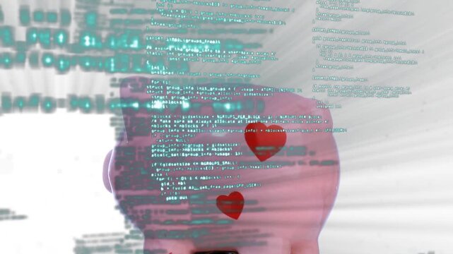 On play, pink piggy bank rotating right while teal code scrolling, hearts revealing digital savings